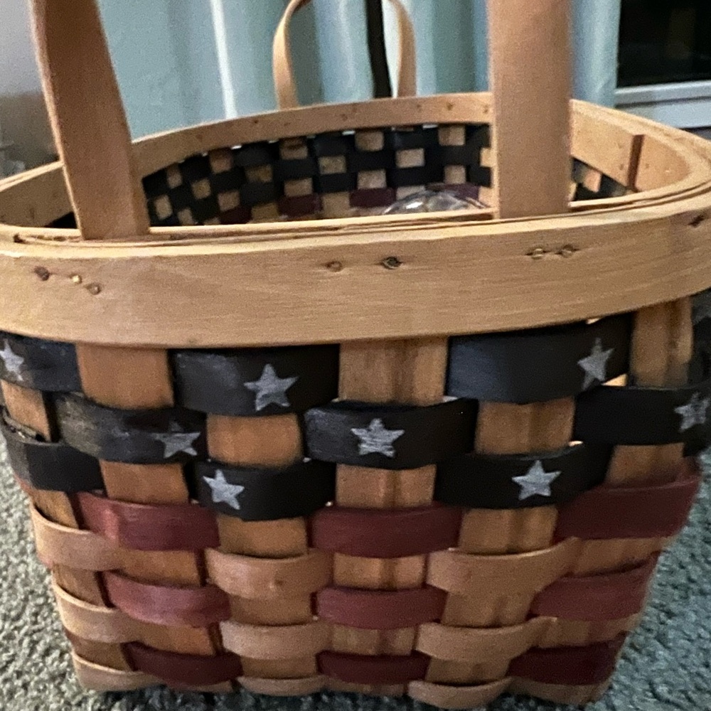 Lot 3 items Extra Large Wood Basket with Fun Centennial His Hers Wine Glass Set
